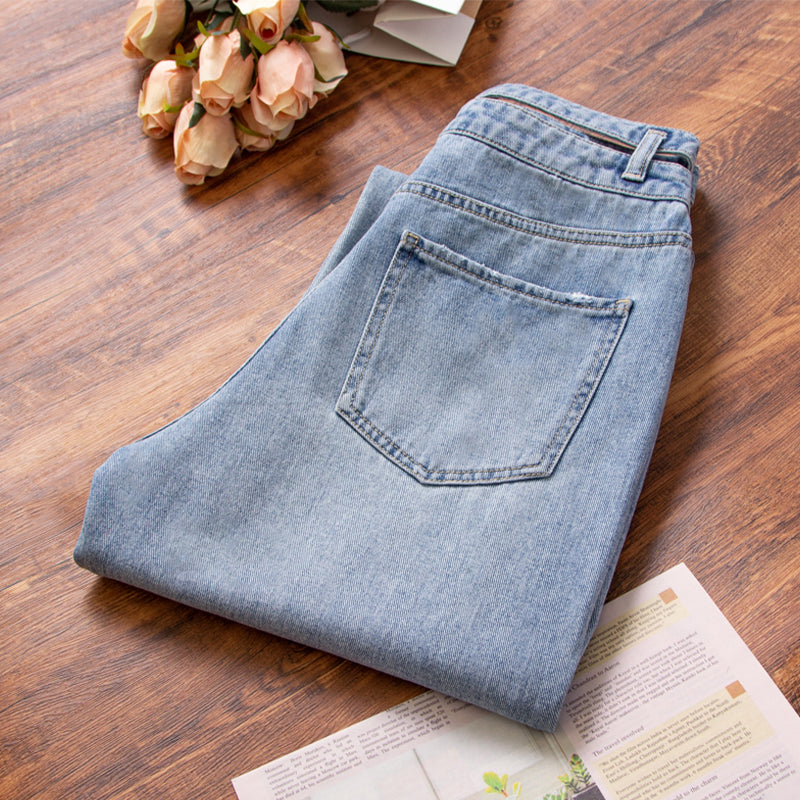 xinya Casual Pants Jeans X009JJ Straight denim jeans for women with a slim and draped waist, loose fitting high waisted wide leg jeans