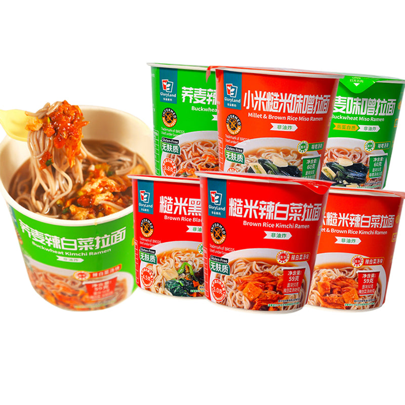 GloryLand Cup Noodle Set (6 items mixed) Buckwheat Kimchi Ramen*1 Brown Rice Black Garlic Ramen*1 Buckwheat Miso Ramen*1 Millet & Brown Rice Kimchi Ramen*1 Brown Rice Kimchi Ramen*1 Millet & Brown Rice Miso Ramen*1  non-fried gluten-free food
