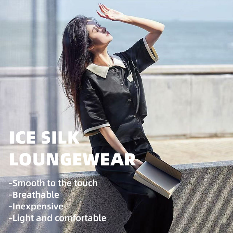 senji Loungewear Ice Snow Silk Cardigan-Style Long-Sleeve Top and Pants Set Homewear Black Short-Sleeve and Long Pants Set(Please consult customer service for pricing)