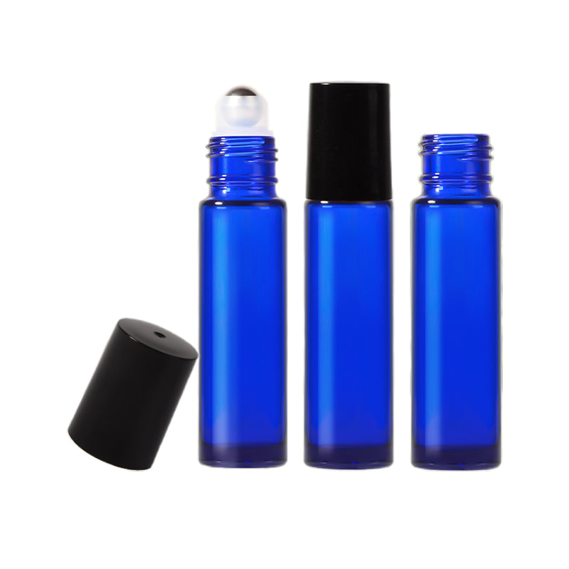Jinpingguo 10ml - Blue Bottle Black Cap Steel Ball  Light-Protected Rollerball Dispenser Bottle Travel Portable  45 pieces per case