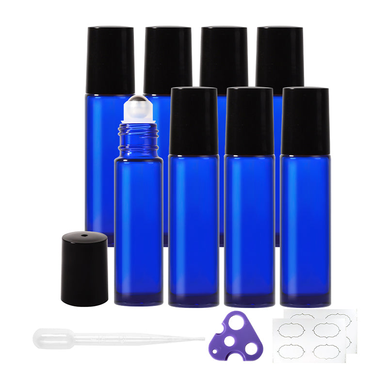 Jinpingguo 10ml - Blue Bottle Black Cap Steel Ball  Light-Protected Rollerball Dispenser Bottle Travel Portable  45 pieces per case
