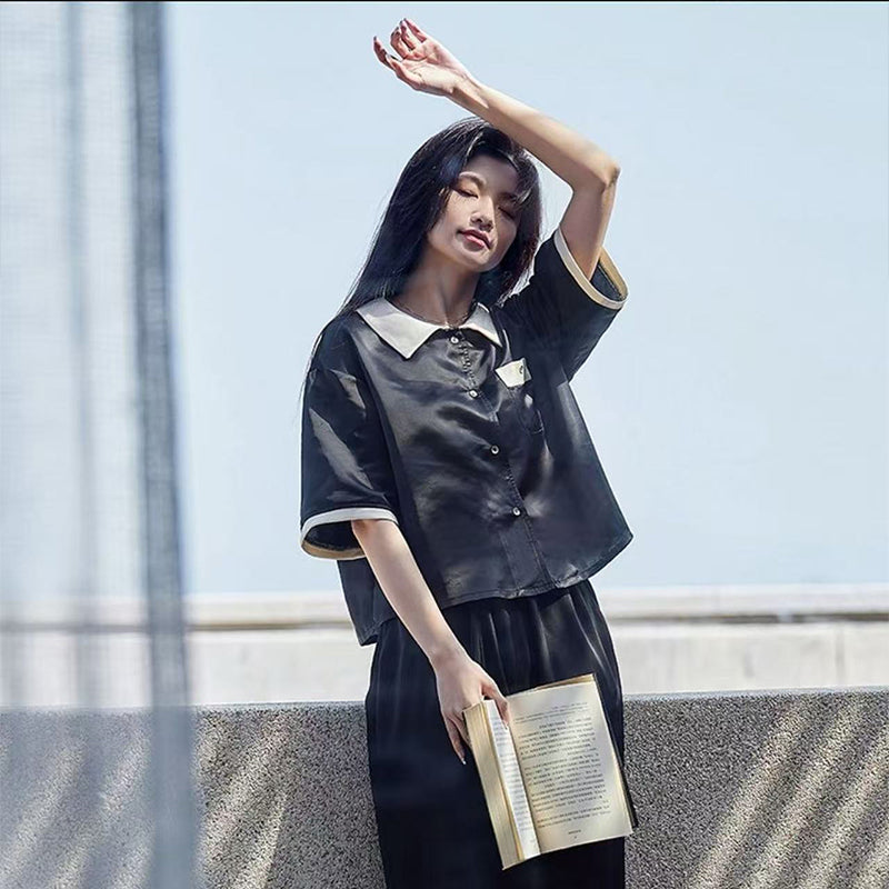 senji Loungewear Ice Snow Silk Cardigan-Style Long-Sleeve Top and Pants Set Homewear Black Short-Sleeve and Long Pants Set(Please consult customer service for pricing)