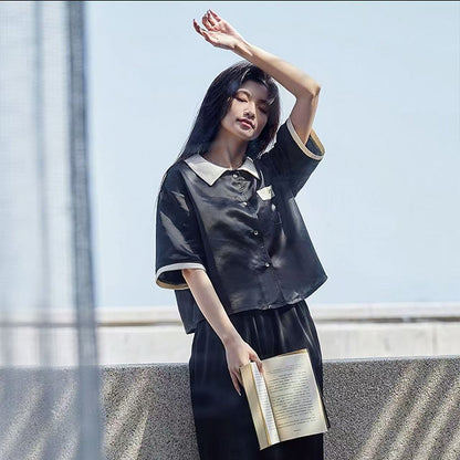 senji Loungewear Ice Snow Silk Cardigan-Style Long-Sleeve Top and Pants Set Homewear Black Short-Sleeve and Long Pants Set(Please consult customer service for pricing)