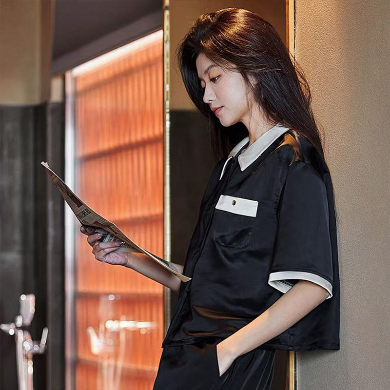 senji Loungewear Ice Snow Silk Cardigan-Style Long-Sleeve Top and Pants Set Homewear Black Short-Sleeve and Long Pants Set(Please consult customer service for pricing)