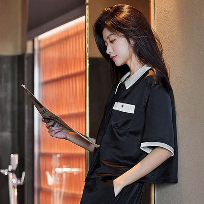 senji Loungewear Ice Snow Silk Cardigan-Style Long-Sleeve Top and Pants Set Homewear Black Short-Sleeve and Long Pants Set(Please consult customer service for pricing)