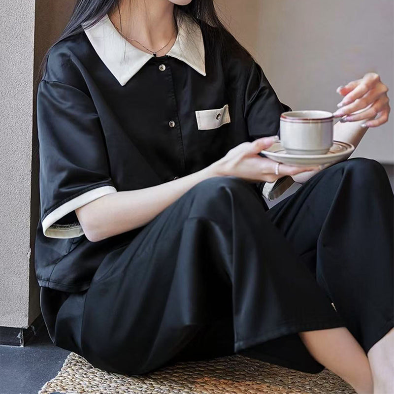 senji Loungewear Ice Snow Silk Cardigan-Style Long-Sleeve Top and Pants Set Homewear Black Short-Sleeve and Long Pants Set(Please consult customer service for pricing)