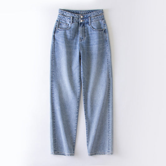 xinya Casual Pants Jeans  X009JJ Straight denim jeans for women with a slim and draped waist, loose fitting high waisted wide leg jeans