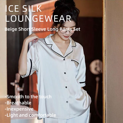 senji Loungewear Ice Snow Silk Cardigan-Style Long-Sleeve Top and Pants Set Homewear Beige Short-Sleeve and Long Pants Set(Please consult customer service for pricing)