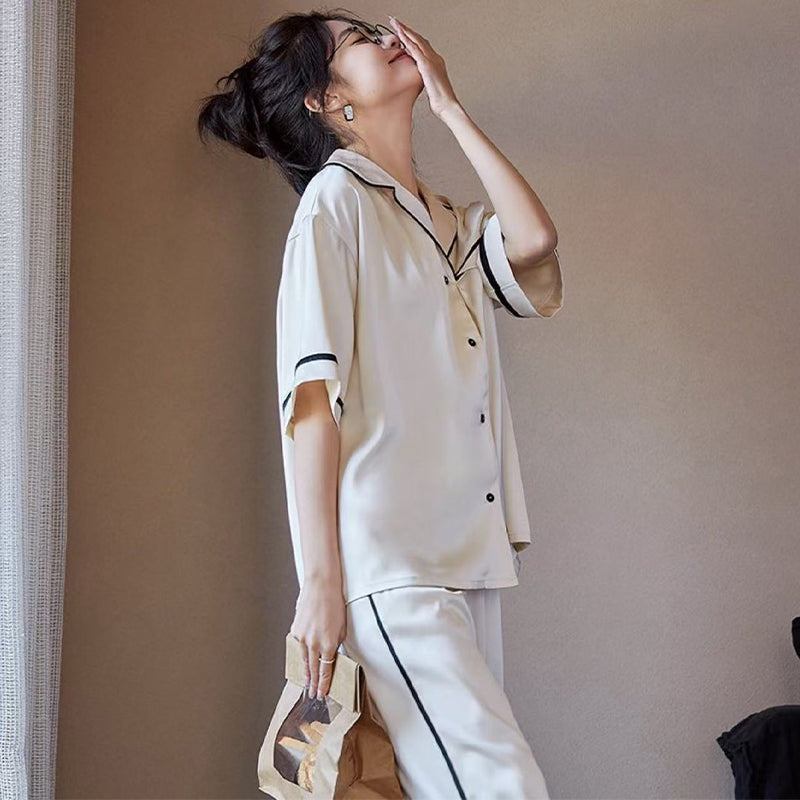 senji Loungewear Ice Snow Silk Cardigan-Style Long-Sleeve Top and Pants Set Homewear Beige Short-Sleeve and Long Pants Set(Please consult customer service for pricing)