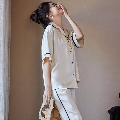 senji Loungewear Ice Snow Silk Cardigan-Style Long-Sleeve Top and Pants Set Homewear Beige Short-Sleeve and Long Pants Set(Please consult customer service for pricing)