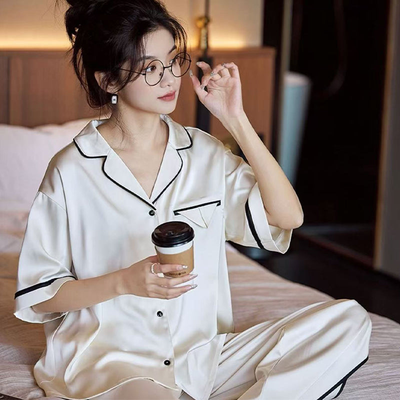 senji Loungewear Ice Snow Silk Cardigan-Style Long-Sleeve Top and Pants Set Homewear Beige Short-Sleeve and Long Pants Set(Please consult customer service for pricing)