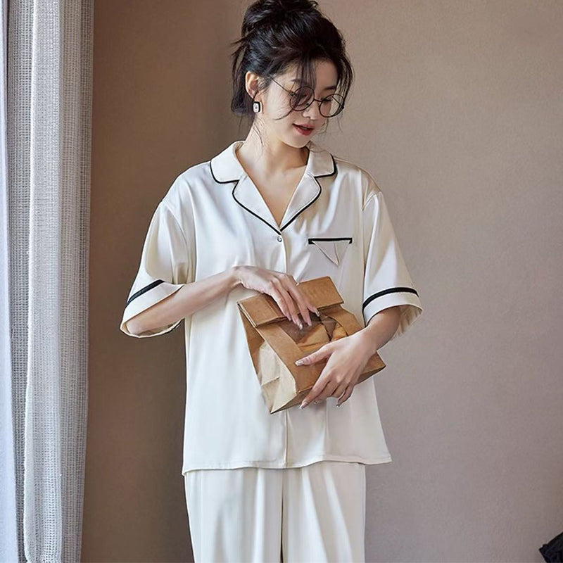 senji Loungewear Ice Snow Silk Cardigan-Style Long-Sleeve Top and Pants Set Homewear Beige Short-Sleeve and Long Pants Set(Please consult customer service for pricing)