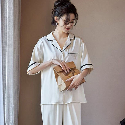 senji Loungewear Ice Snow Silk Cardigan-Style Long-Sleeve Top and Pants Set Homewear Beige Short-Sleeve and Long Pants Set(Please consult customer service for pricing)