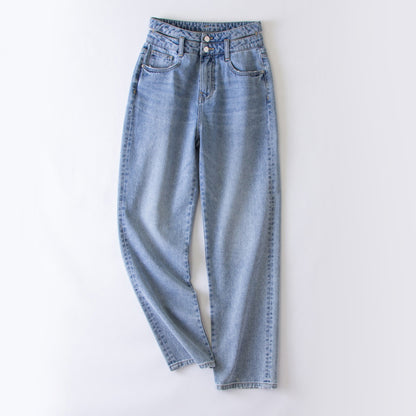 xinya Casual Pants Jeans  X009JJ Straight denim jeans for women with a slim and draped waist, loose fitting high waisted wide leg jeans