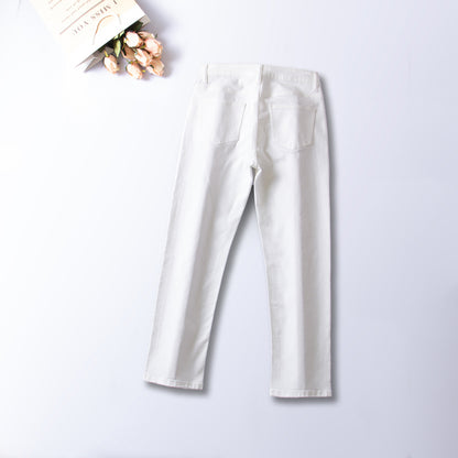 xinya Casual Pants Jeans  C1070JJ White straight denim jeans for women with a slim and draped waist, loose fitting high waisted wide leg jeans