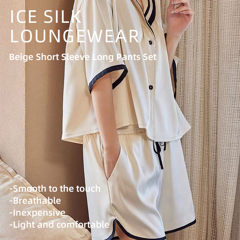 senji Loungewear Ice Snow Silk Cardigan-Style Long-Sleeve Top and Pants Set Homewear Beige Short-Sleeve and Shorts Set(Please consult customer service for pricing)