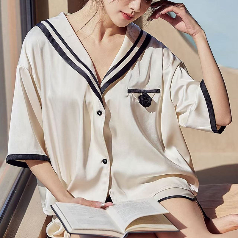 senji Loungewear Ice Snow Silk Cardigan-Style Long-Sleeve Top and Pants Set Homewear Beige Short-Sleeve and Shorts Set(Please consult customer service for pricing)
