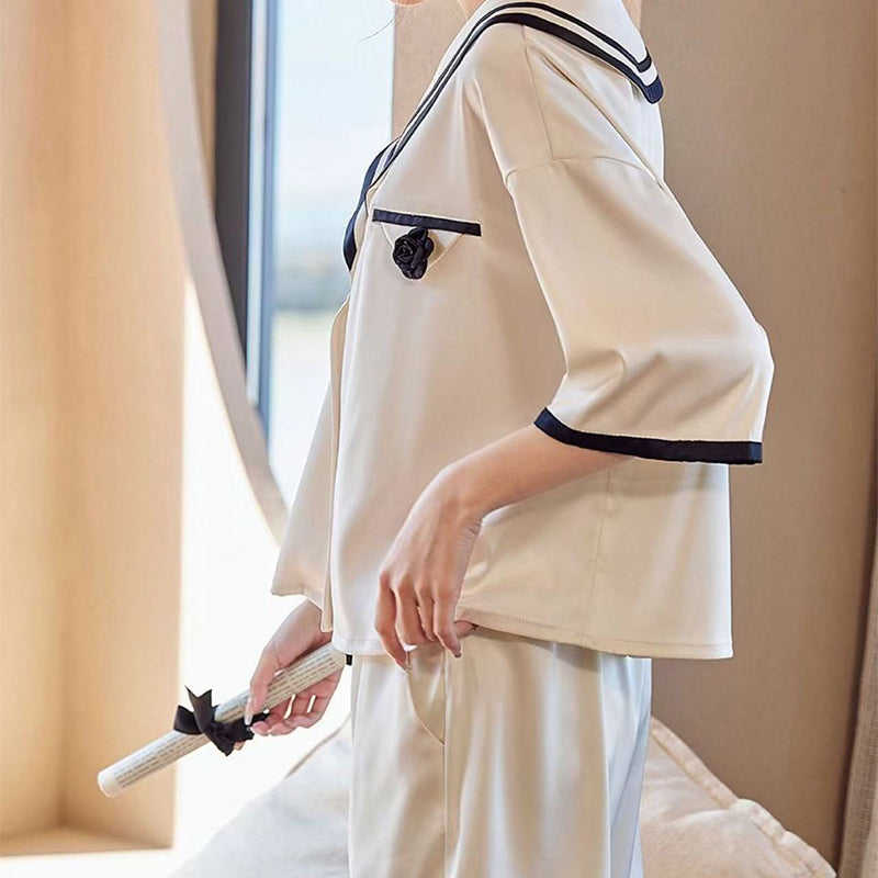 senji Loungewear Ice Snow Silk Cardigan-Style Long-Sleeve Top and Pants Set Homewear Beige Short-Sleeve and Shorts Set(Please consult customer service for pricing)