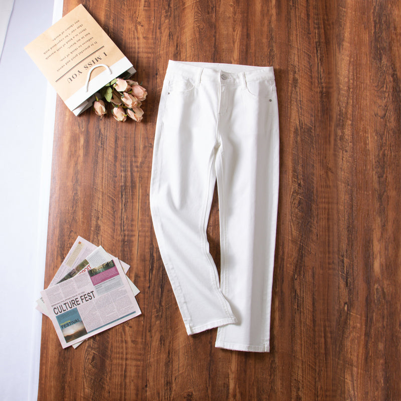 xinya Casual Pants Jeans  C1070JJ White straight denim jeans for women with a slim and draped waist, loose fitting high waisted wide leg jeans