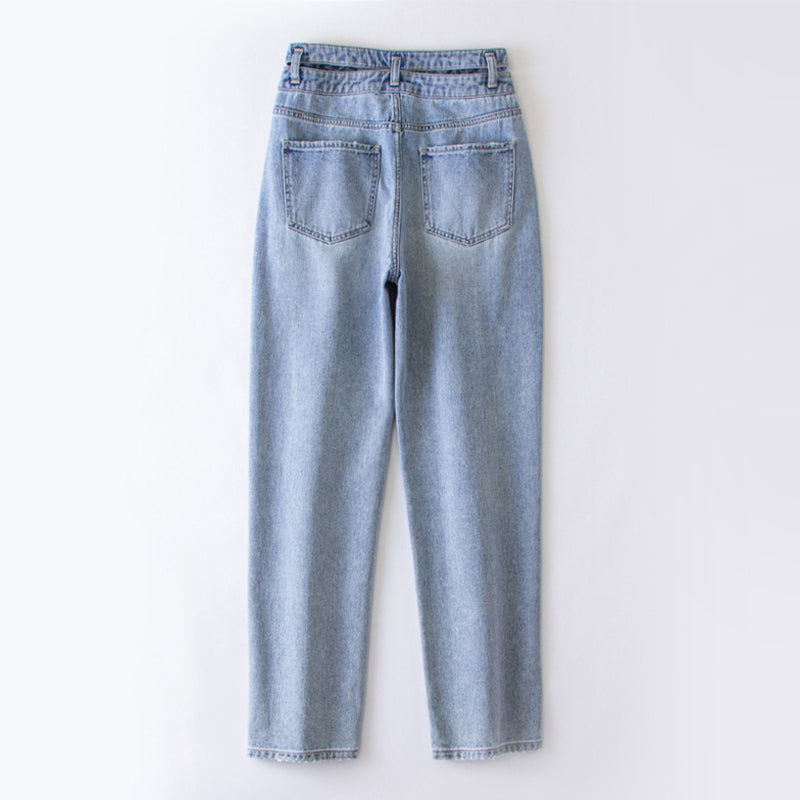 xinya Casual Pants Jeans  X009JJ Straight denim jeans for women with a slim and draped waist, loose fitting high waisted wide leg jeans