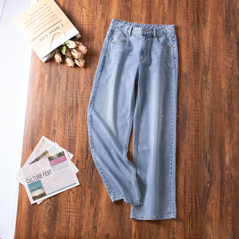 xinya Casual Pants Jeans C1018  Pear shaped body pants, light blue denim design, high waisted jeans