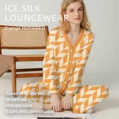 senji Orange Ice Snow Silk Pajama Set: Cardigan-Style Long-Sleeve Top and Pants Homewear(Please consult customer service for pricing)