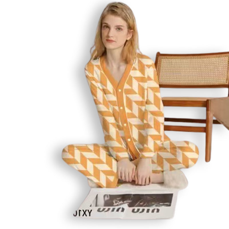 senji Orange Ice Snow Silk Pajama Set: Cardigan-Style Long-Sleeve Top and Pants Homewear(Please consult customer service for pricing)