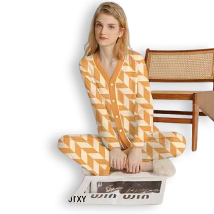 senji Orange Ice Snow Silk Pajama Set: Cardigan-Style Long-Sleeve Top and Pants Homewear(Please consult customer service for pricing)