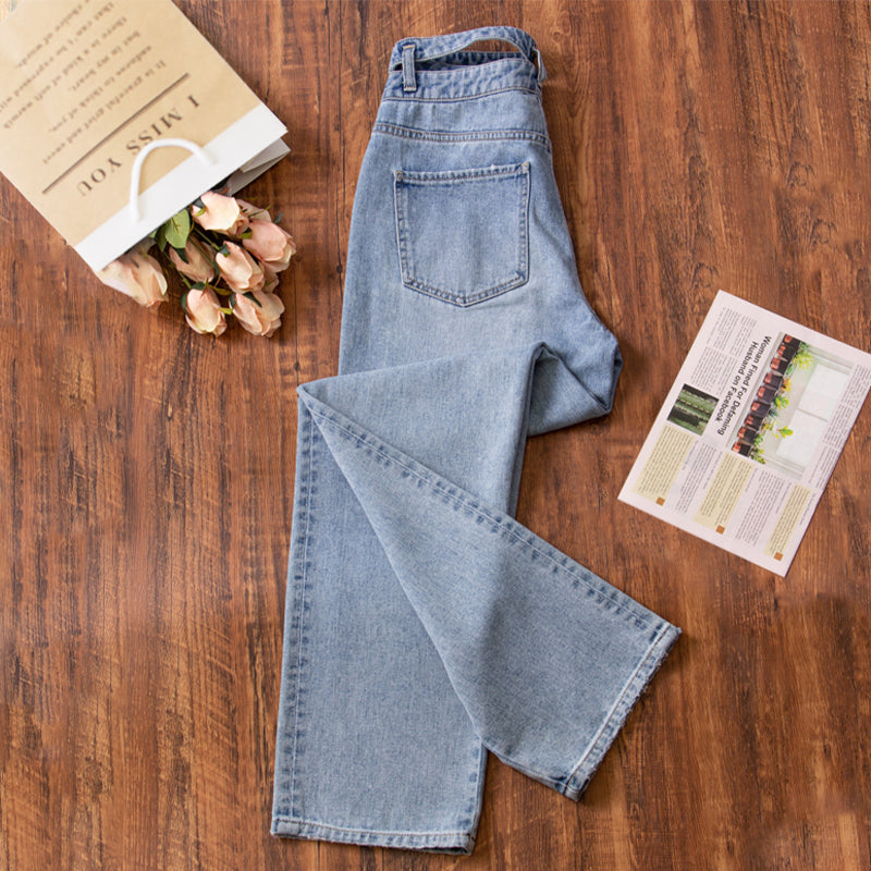 xinya Casual Pants Jeans  X009JJ Straight denim jeans for women with a slim and draped waist, loose fitting high waisted wide leg jeans