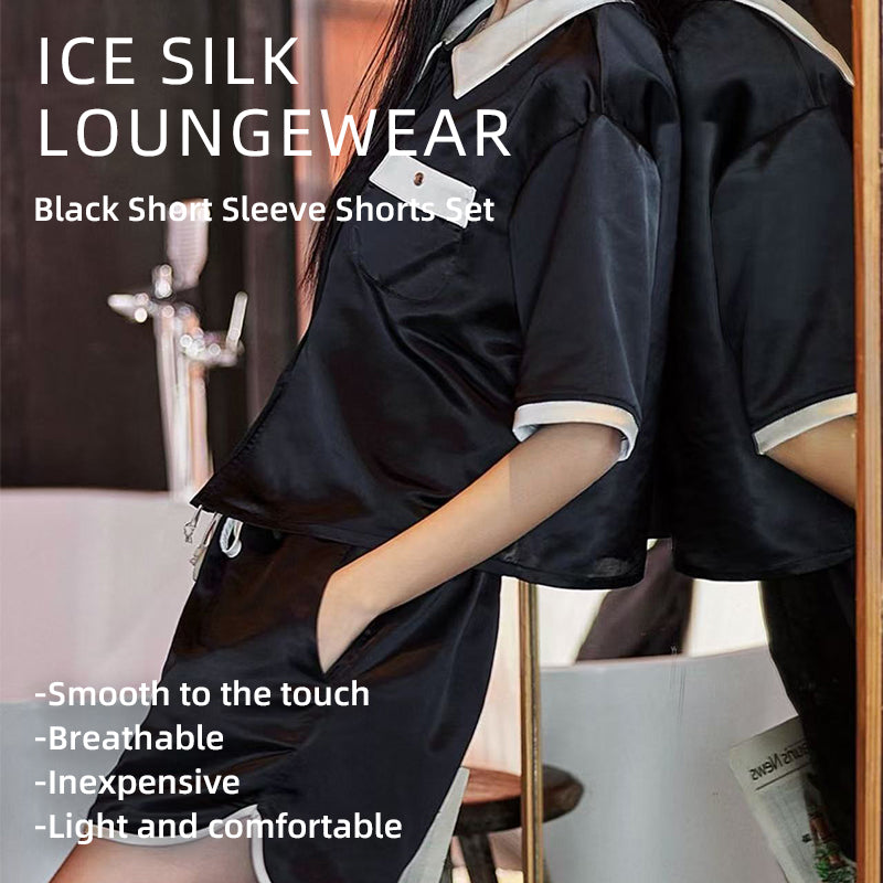 senji Black Ice Snow Silk Pajama Set: Cardigan-Style Short-Sleeve Top and Shorts Homewear(Please consult customer service for pricing)