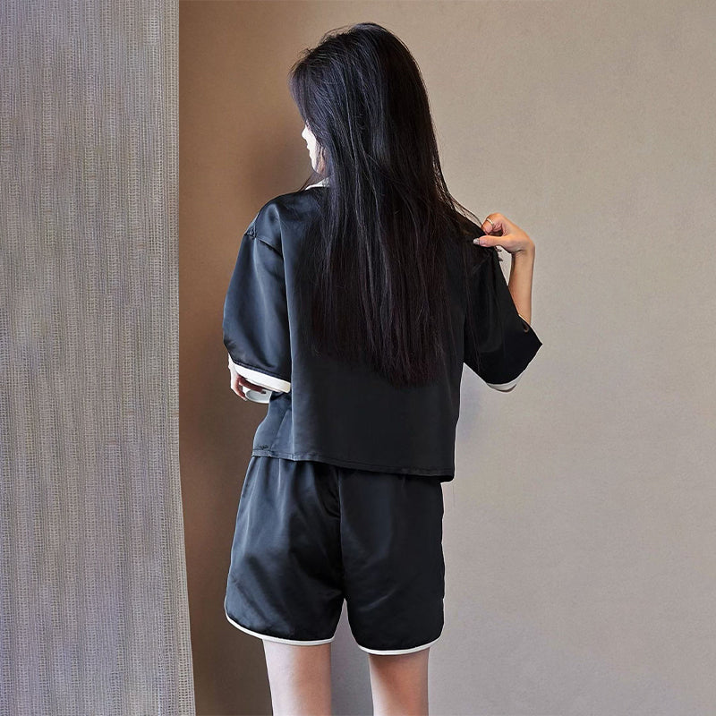 senji Black Ice Snow Silk Pajama Set: Cardigan-Style Short-Sleeve Top and Shorts Homewear(Please consult customer service for pricing)
