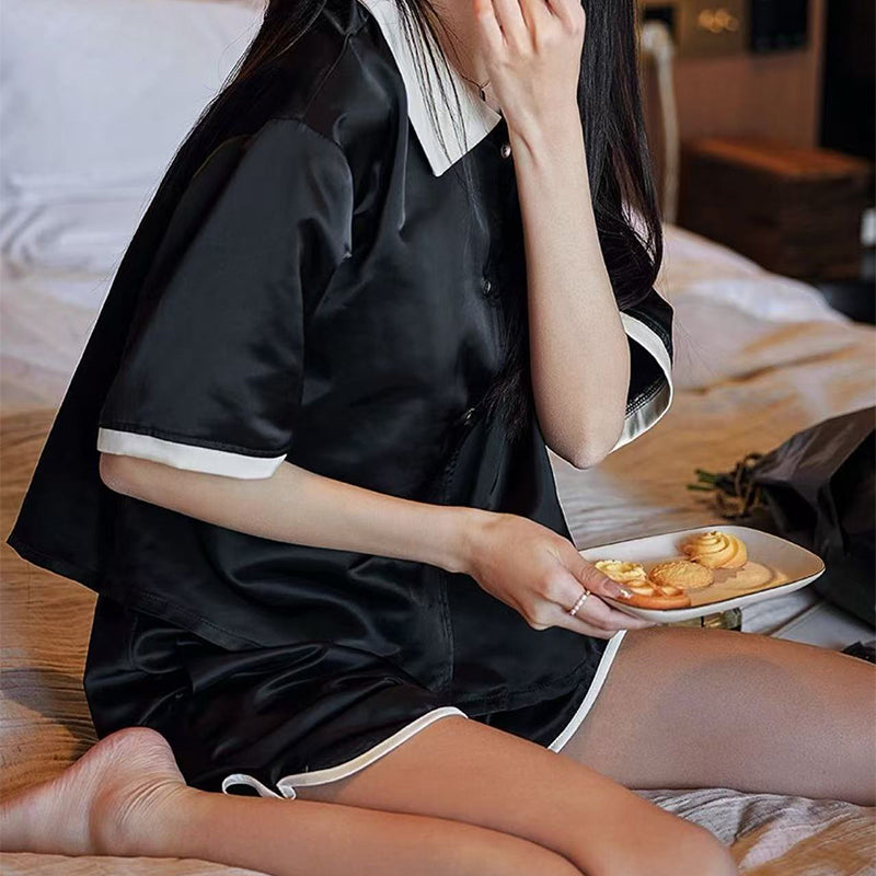 senji Black Ice Snow Silk Pajama Set: Cardigan-Style Short-Sleeve Top and Shorts Homewear(Please consult customer service for pricing)