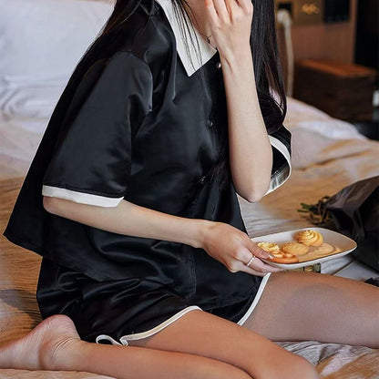 senji Black Ice Snow Silk Pajama Set: Cardigan-Style Short-Sleeve Top and Shorts Homewear(Please consult customer service for pricing)