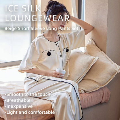 senji Beige Ice Snow Silk Pajama Set: Cardigan-Style Short-Sleeve Top and Long Pants Homewear(Please consult customer service for pricing)