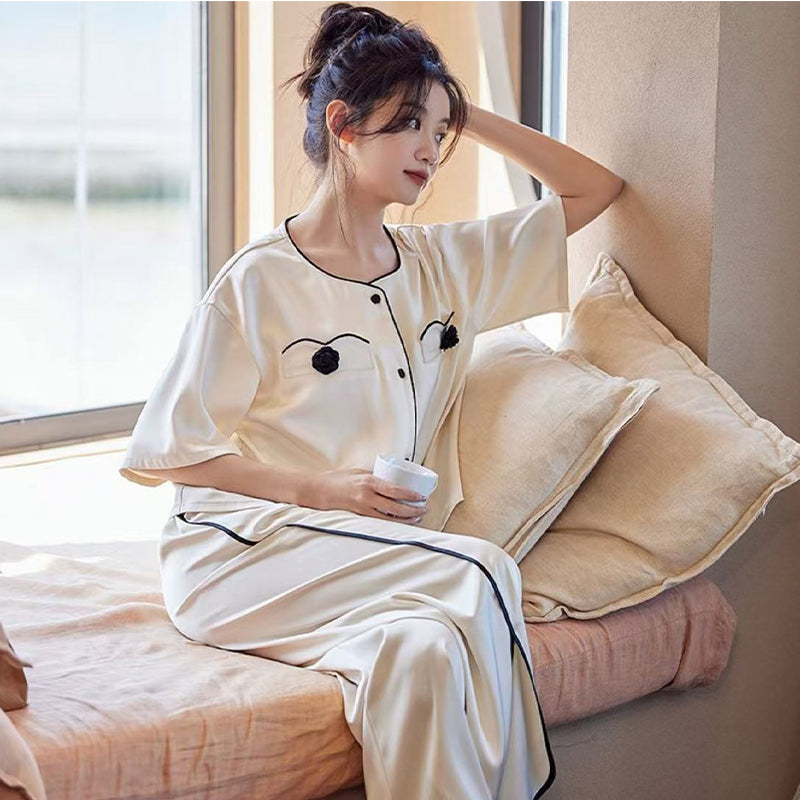 senji Beige Ice Snow Silk Pajama Set: Cardigan-Style Short-Sleeve Top and Long Pants Homewear(Please consult customer service for pricing)