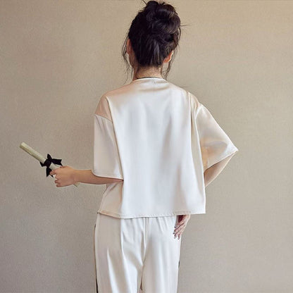 senji Beige Ice Snow Silk Pajama Set: Cardigan-Style Short-Sleeve Top and Long Pants Homewear(Please consult customer service for pricing)