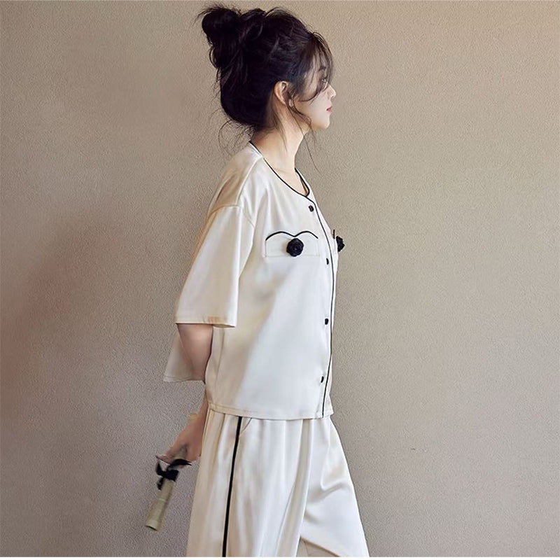 senji Beige Ice Snow Silk Pajama Set: Cardigan-Style Short-Sleeve Top and Long Pants Homewear(Please consult customer service for pricing)