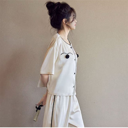 senji Beige Ice Snow Silk Pajama Set: Cardigan-Style Short-Sleeve Top and Long Pants Homewear(Please consult customer service for pricing)