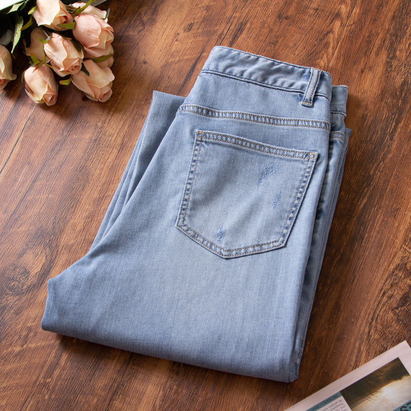 xinya Casual Pants Jeans C1018  Pear shaped body pants, light blue denim design, high waisted jeans