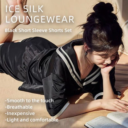 senji Black Ice Snow Silk Pajama Set: Cardigan-Style Short-Sleeve Top and Shorts Homewear(Please consult customer service for pricing)