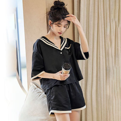 senji Black Ice Snow Silk Pajama Set: Cardigan-Style Short-Sleeve Top and Shorts Homewear(Please consult customer service for pricing)