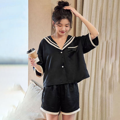 senji Black Ice Snow Silk Pajama Set: Cardigan-Style Short-Sleeve Top and Shorts Homewear(Please consult customer service for pricing)